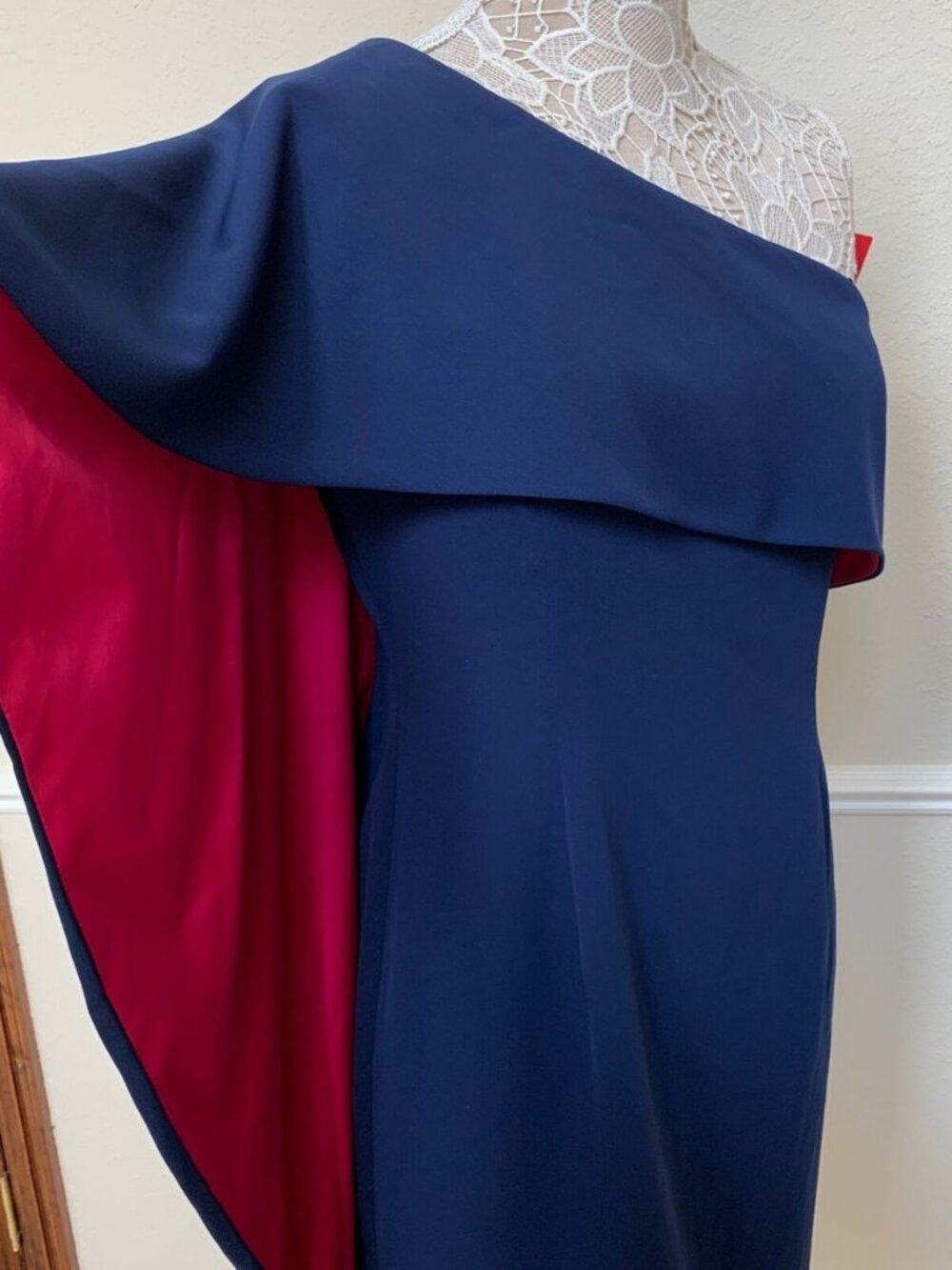 Blue one-shoulder navy blue dress w/deep fuschia cape